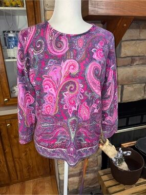 Talbots size LP 100% cashmere sweater with 3/4 sleeves pink paisley pattern